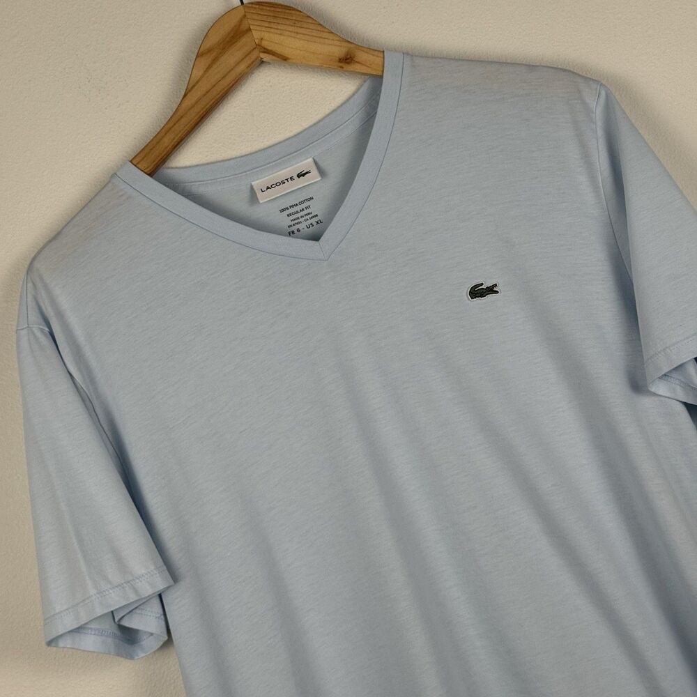 Lacoste V Neck T-Shirt Size XL Blue 100% Pima Cotton Regular Fit Made in Peru